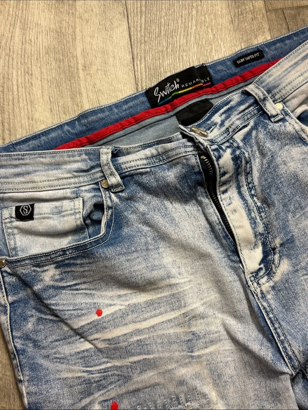 Men's Light Blue Skinny Distressed Jeans with Red Paint Detail - Picture 5 of 7